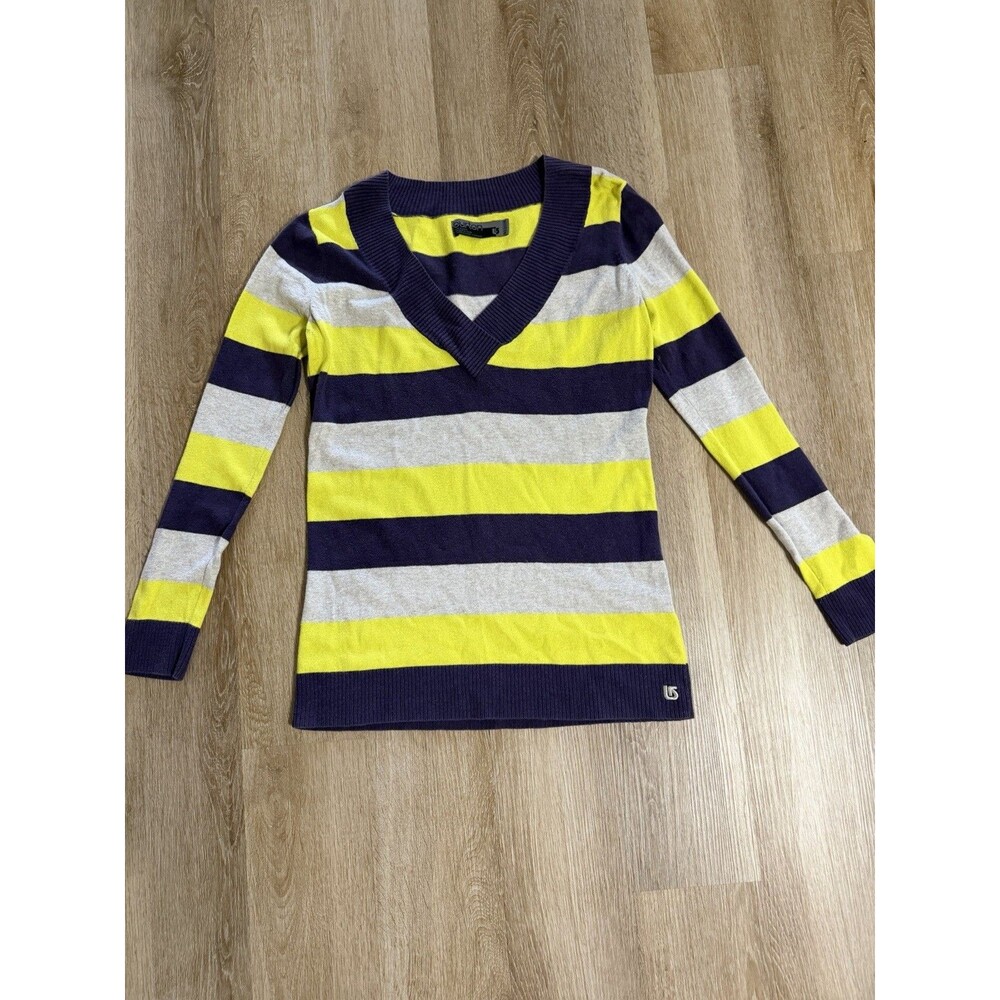 Y2K Burton Women’s Striped Wool Blend V Neck Sweater Purple Gray Medium